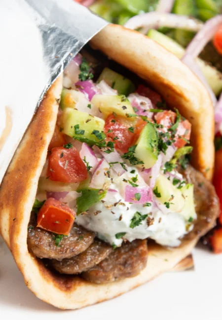 Halal Lamb Gyro wrap with fresh vegetables at Brooklyn Brisket in Utica NY